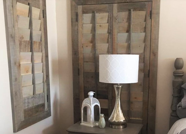 Salt Lake City bedroom with recycled wood shutters.